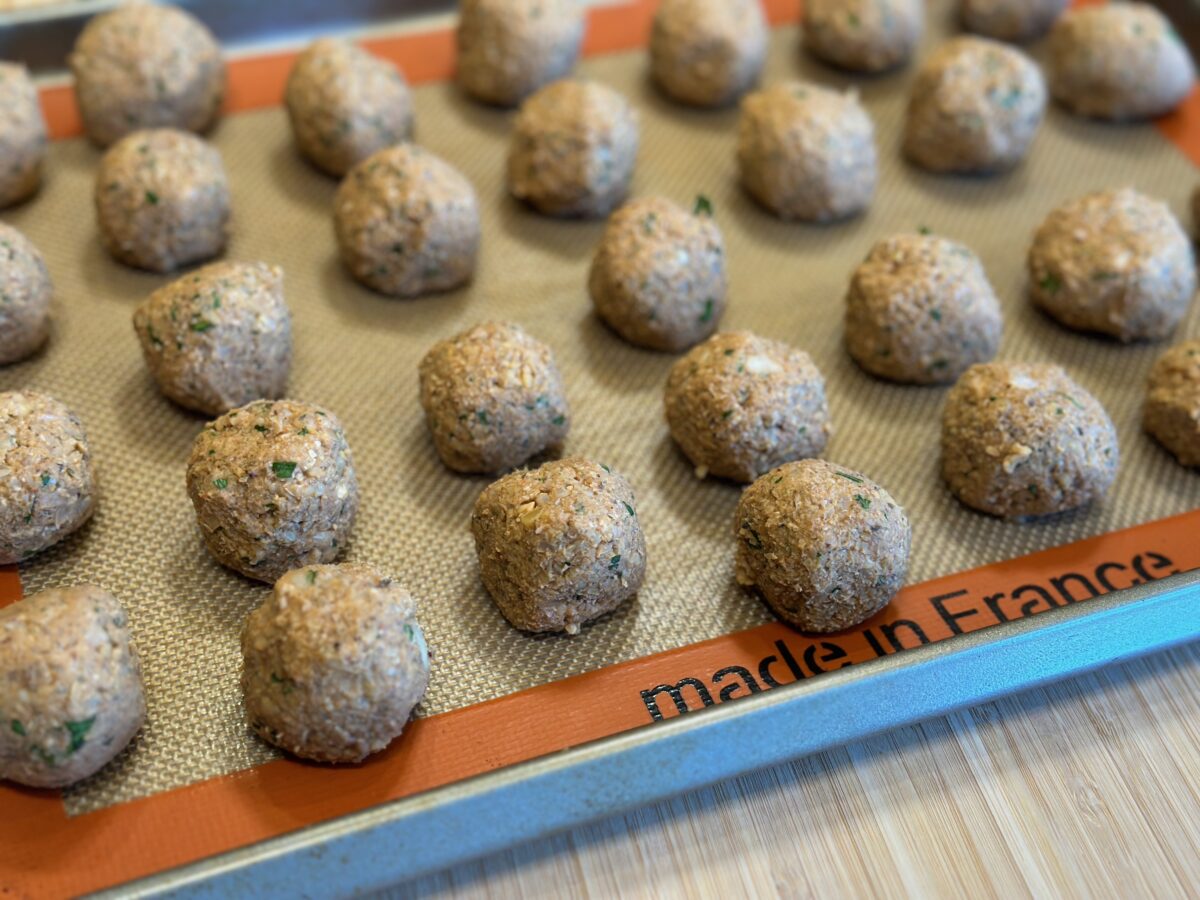 chickpea meatball on baking sheet